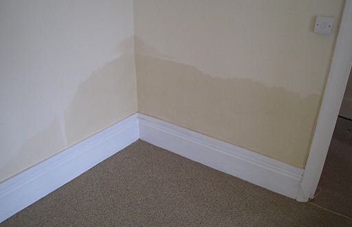 Rising dampness shown affecting plaster in the corner of a room 