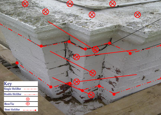 Diagram highlighting the use of single helibars, double helibars, bowties and bent helibars to strengthen the front elevation at Travelodge, Marine Parade, Eastbourne